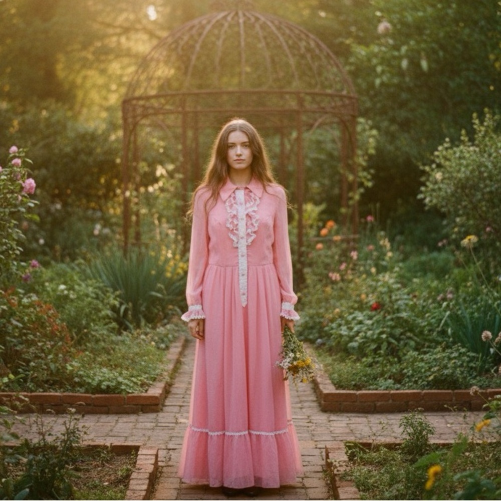 Vintage Pink Ruffle Prairie Dress – Barbiecore, Cottagecore, Romantic. Coco